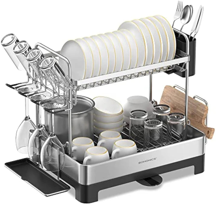 2-Tier Dish Drying Rack with Rotatable Drain Spout