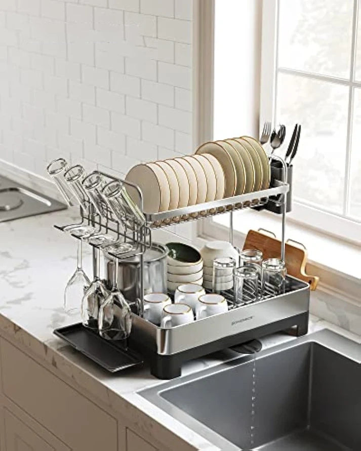 2-Tier Dish Drying Rack with Rotatable Drain Spout