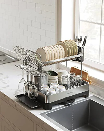 2-Tier Dish Drying Rack with Rotatable Drain Spout