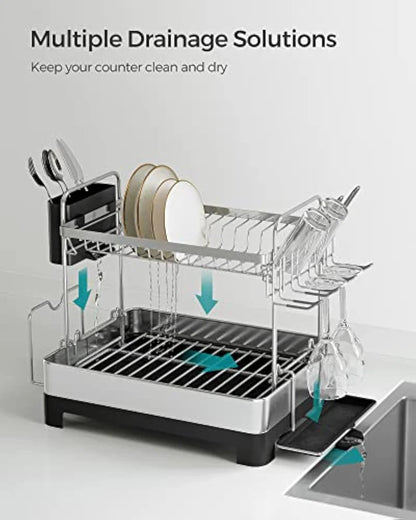 2-Tier Dish Drying Rack with Rotatable Drain Spout
