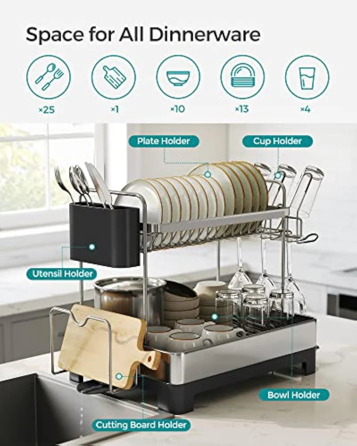 2-Tier Dish Drying Rack with Rotatable Drain Spout