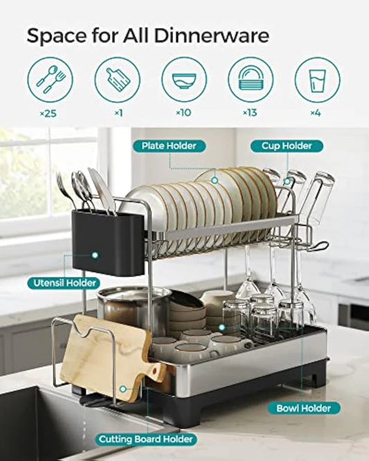 2-Tier Dish Drying Rack with Rotatable Drain Spout